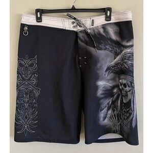 Affliction Board Shorts Mens 40 Swim Trunks Skull Logo Black Surf Y2K